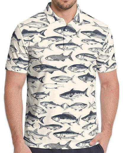 Vintage Fish Pattern Polo Shirt for Men – Coastal Fishing Style | Netecom