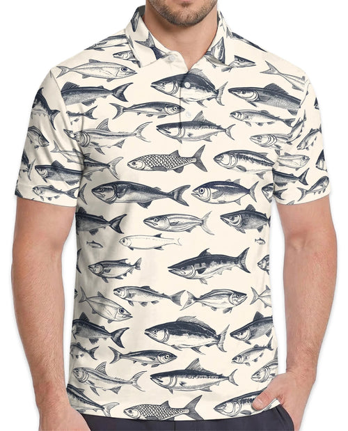 Vintage Fish Pattern Polo Shirt for Men – Coastal Fishing Style | Netecom