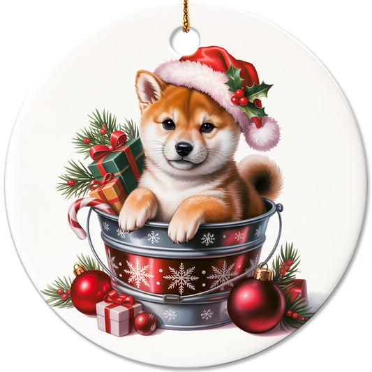 Netecom Adorable Shiba Inu in Bucket Ornament, Shiba Dog with Santa Hat Ceramic Ornament for Christmas Tree Hanging Decorations Gift, Puppy Lover Gifts, Home Decor, Holiday Party Present