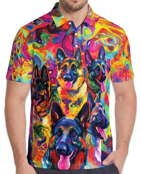 Psychedelic German Shepherd 3D Polo Shirt for Men – Colorful Dog Lover Art Style | Netecom