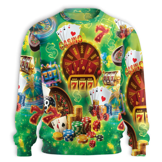 Casino Elements Pattern Sweatshirt, 3D All Over Print Poker Cards Dice Crewneck Pullover for Men Women, Casino Lover Gift - Netecom