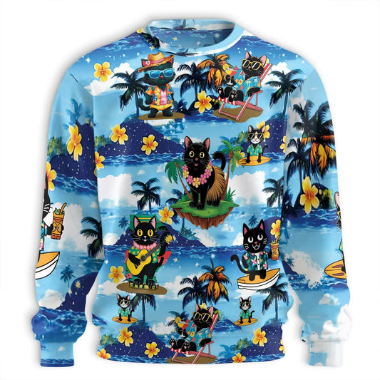Funny Black Cat Aloha Beach Sweatshirt, 3D All Over Print Tropical Cat Crewneck Pullover for Men Women, Black Cat Lover Gift - Netecom