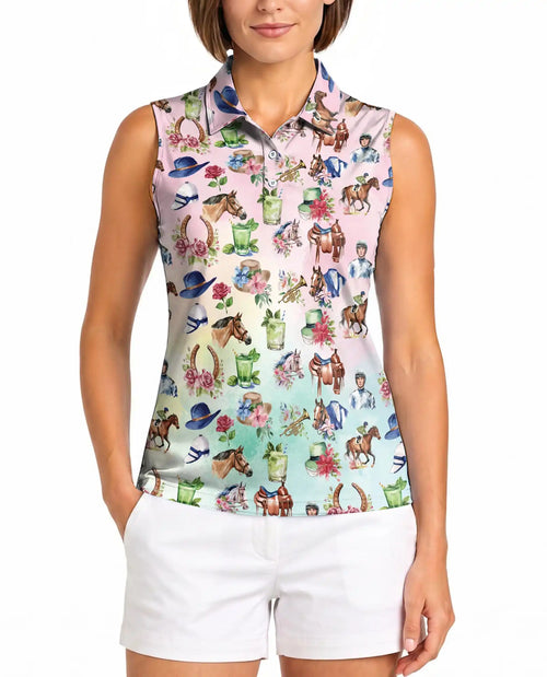Kentucky Derby Horse Sleeveless Polo Shirt for Women | Netecom