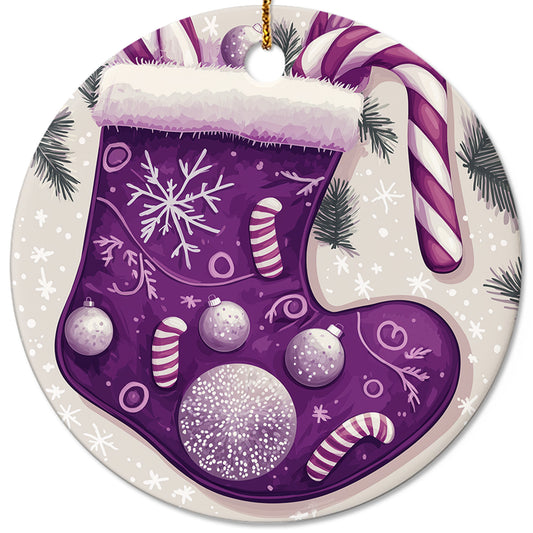 Netecom Purple Stocking Christmas Ornaments, Ceramic Candy Cane Snowflakes Keepsake Ornament for Christmas Tree Decorations, Gifts for Holiday, Party, Home Decor