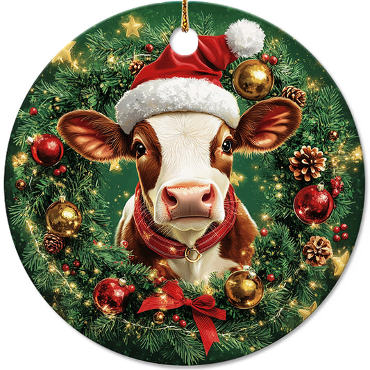 Netecom Cute Dairy Cattle Cow Christmas Ornament, Farm Animal Christmas Ceramic Ornament for Xmas Tree Hanging Decorations Gift, Gifts for Cow, Farmer, Holiday Party Present