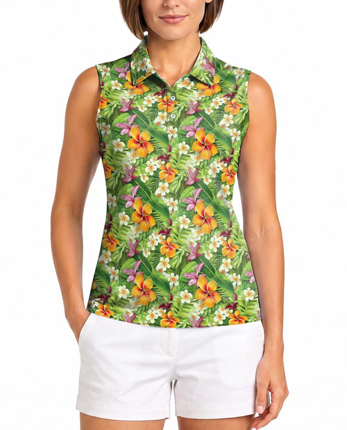 Tropical Floral Sleeveless Polo Shirt for Women – Colorful Summer Style | Netecom