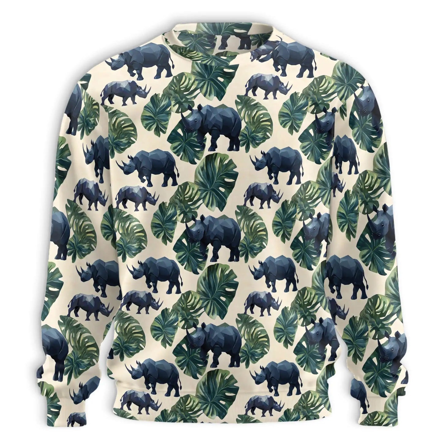 Rhino and Monstera Leaf Pattern Sweatshirt, 3D All Over Print Tropical Wildlife Crewneck Pullover for Men Women, Rhino Lover Gift - Netecom