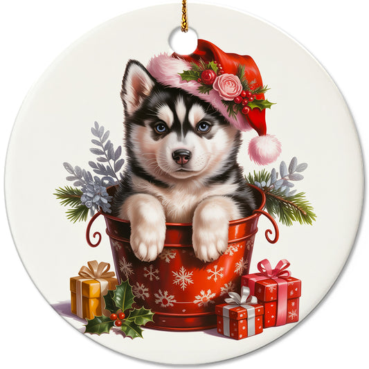 Netecom Cute Husky in Bucket Ornament, Dog with Santa Hat Ceramic Ornament for Christmas Tree Hanging Decorations Gift, Puppy Lover Gifts, Home Decor, Holiday Party Present