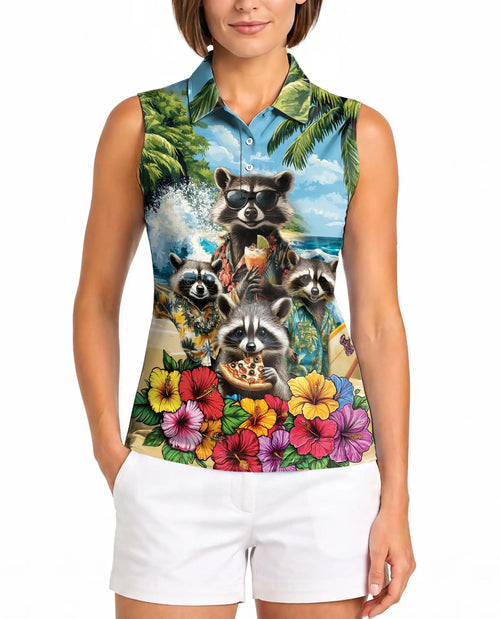 Funny Raccoon Sleeveless Polo Shirt for Women – Cute Wildlife Animal Style | Netecom