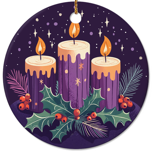 Netecom Purple Candles Christmas Ornaments, Elegant Ceramic Candles & Holly Keepsake Ornament for Christmas Tree Decorations, Gifts for Holiday, Party, Home Decor