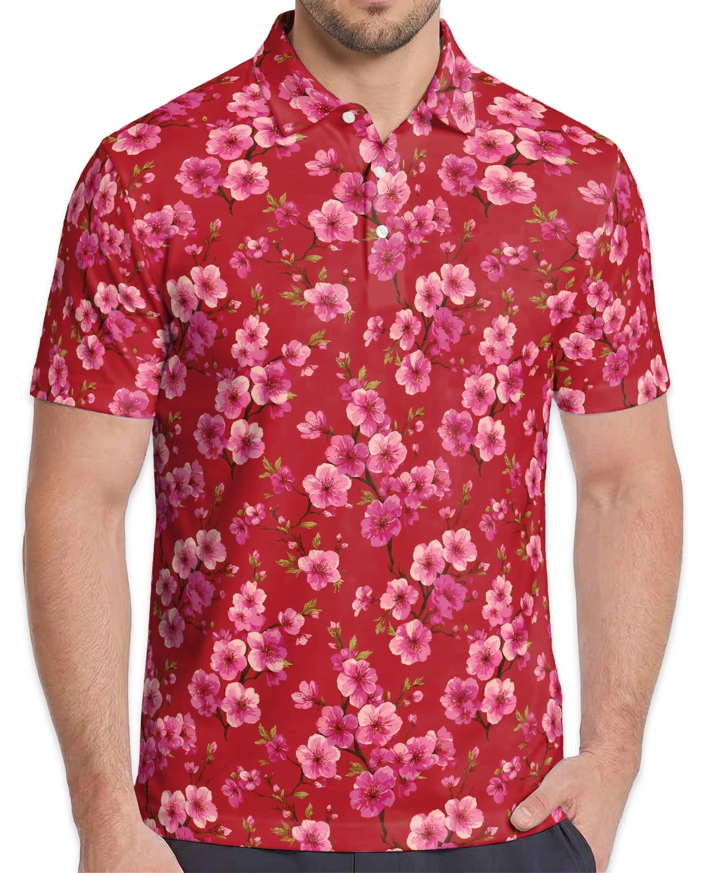 Red Cherry Blossom Polo Shirt for Men – Japanese Sakura Floral Style | Netecom