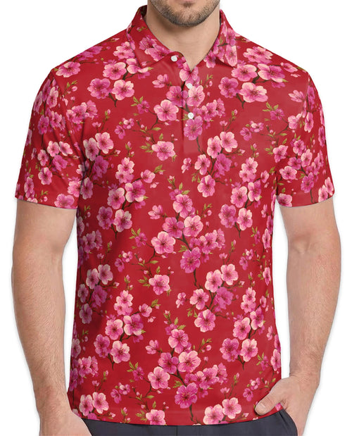 Red Cherry Blossom Polo Shirt for Men – Japanese Sakura Floral Style | Netecom