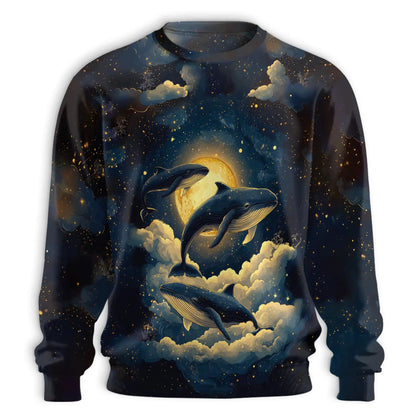 Midnight Whale Sweatshirt, 3D All Over Print Ocean Night Crewneck Pullover for Men Women, Whale Lover Gift - Netecom