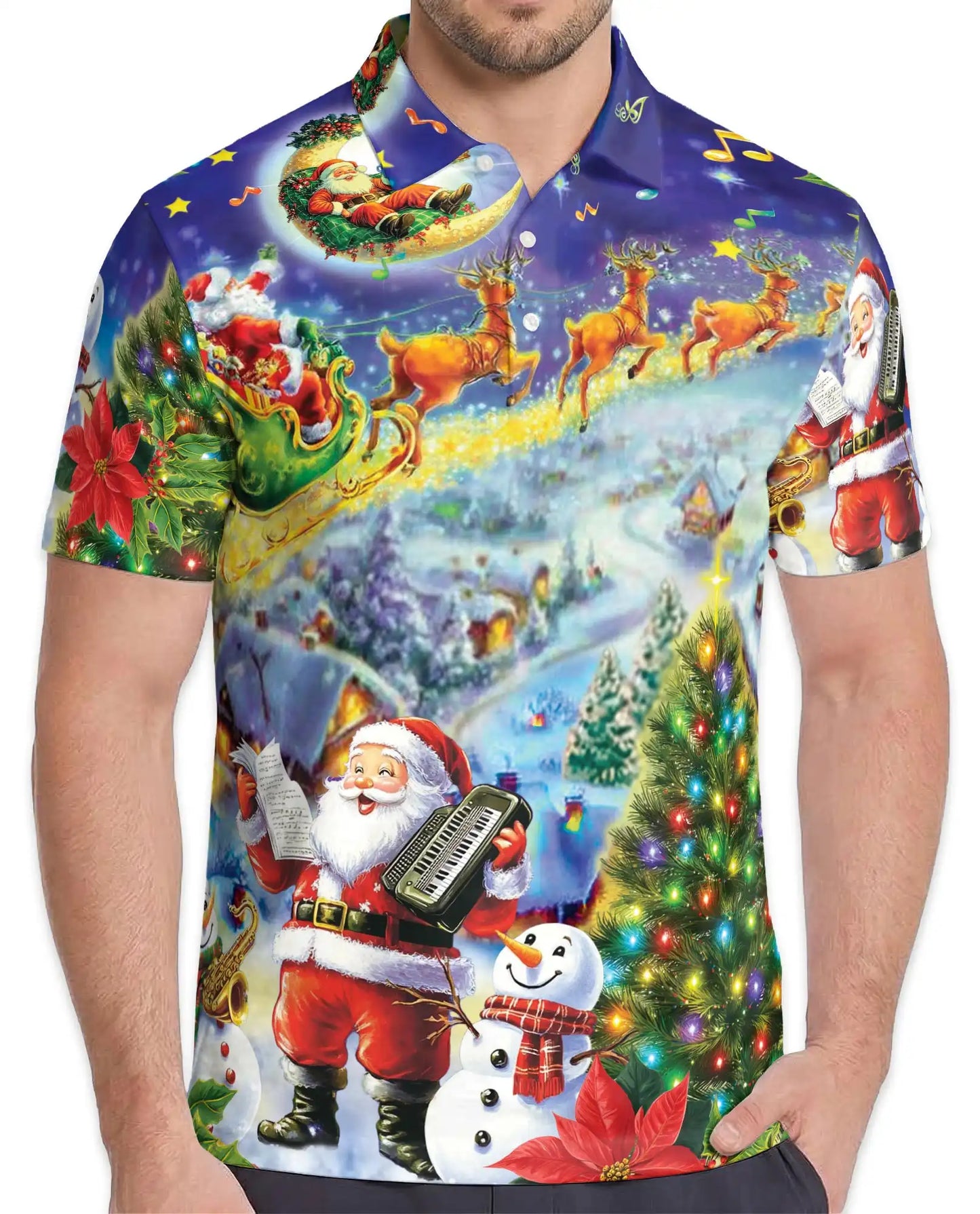 Musical Santa Christmas Polo Shirt for Men - Reindeer Sleigh Xmas | Netecom