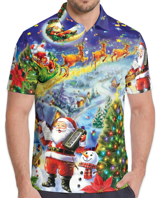 Musical Santa Christmas Polo Shirt for Men - Reindeer Sleigh Xmas | Netecom