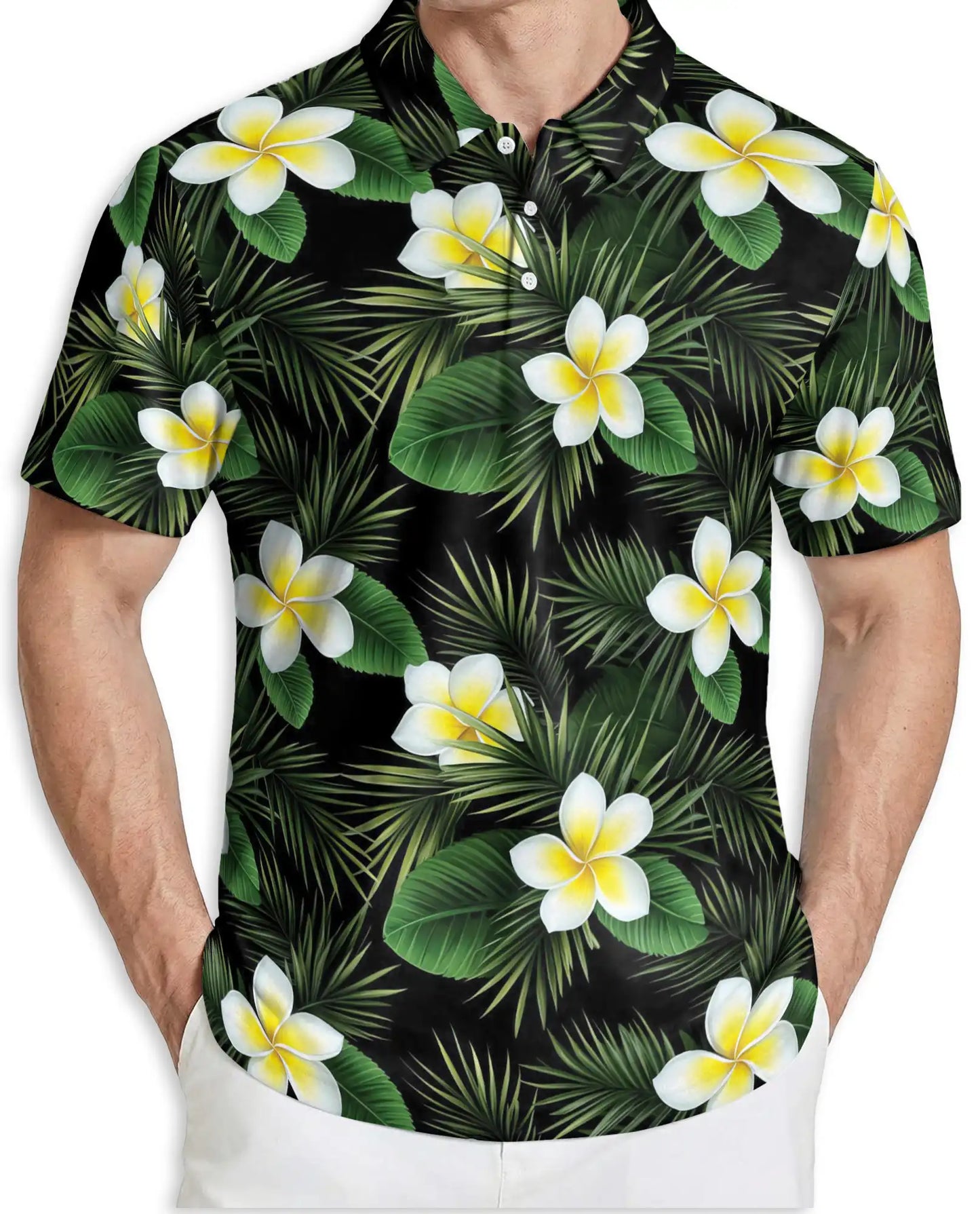 Tropical Plumeria Floral Polo Shirt for Men- Palm Leaf  Shirt | Netecom