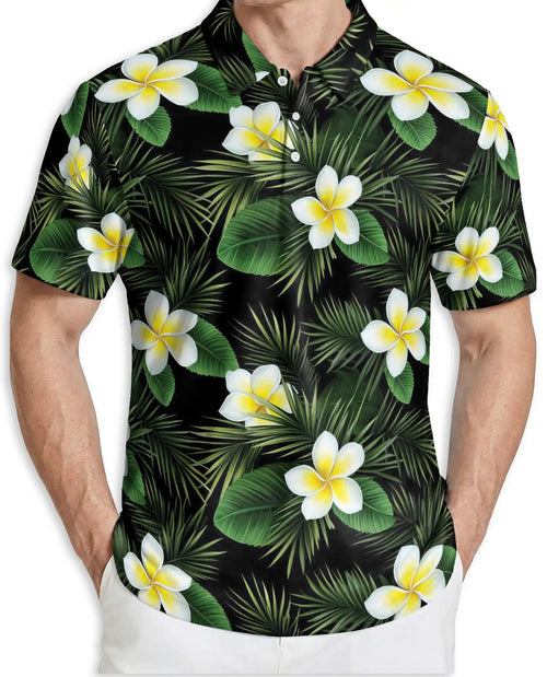 Tropical Plumeria Floral Polo Shirt for Men- Palm Leaf  Shirt | Netecom