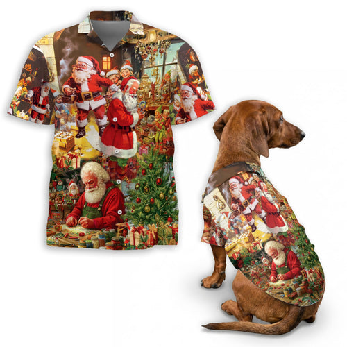 Netecom Matching Vintage Santa Claus Christmas Aloha Hawaiian Shirt for Dog and Owner, Aloha Summer Shirt, Retro Holiday Santa Print Outfit for Pet and Human, Beach Vacation Casual Wear