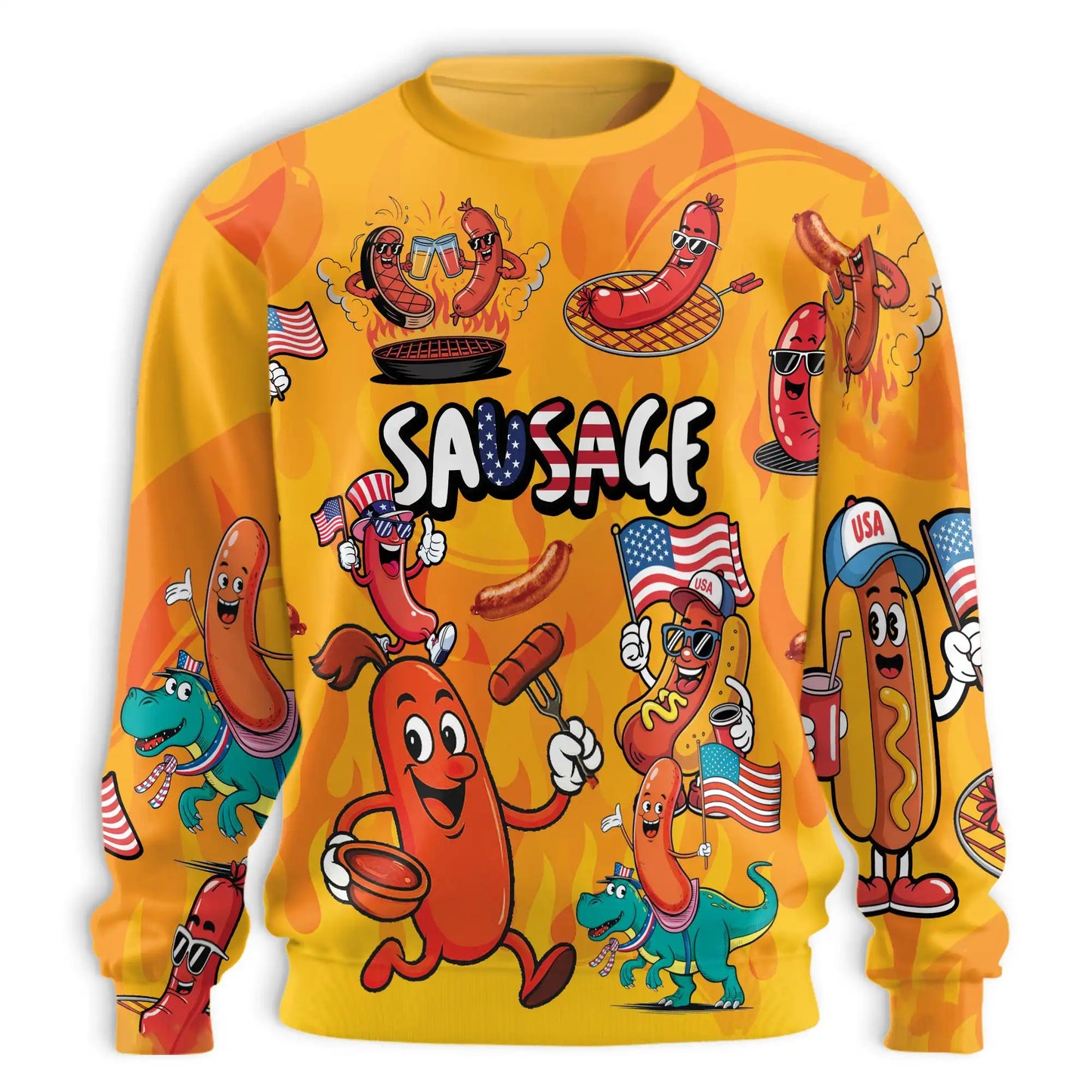 Funny Sausage Sweatshirt, 3D All Over Print Cute Food Crewneck Pullover for Men Women, Sausage Lover Gift - Netecom