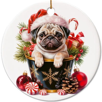 Netecom Cute Pug in Bucket Ornament, Dog with Santa Hat Ceramic Ornament for Christmas Tree Hanging Decorations Gift, Puppy Lover Gifts, Home Decor, Holiday Party Present