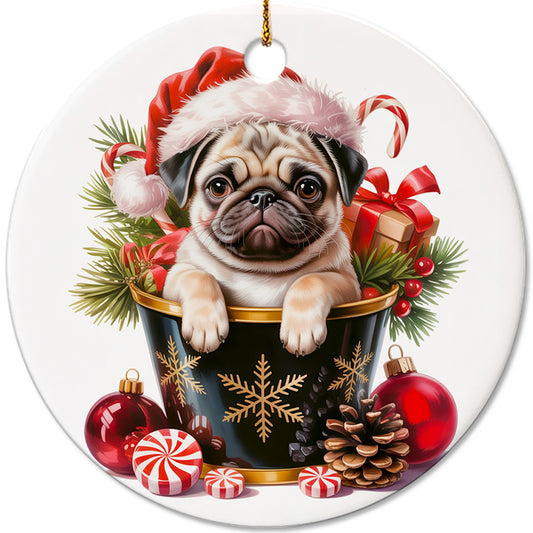 Netecom Cute Pug in Bucket Ornament, Dog with Santa Hat Ceramic Ornament for Christmas Tree Hanging Decorations Gift, Puppy Lover Gifts, Home Decor, Holiday Party Present