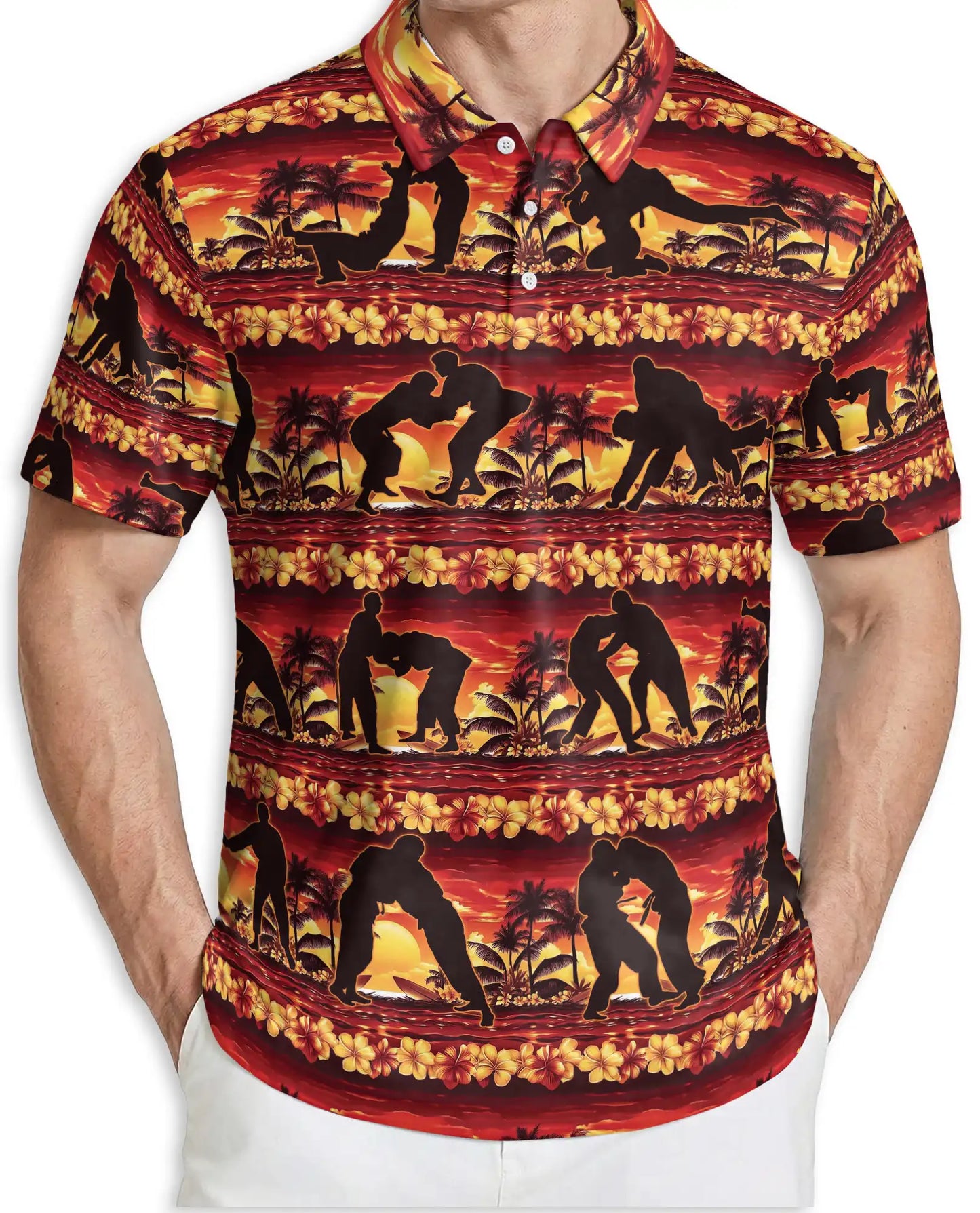 Tropical Wrestling 3D Polo Shirt for Men – Sunset Hawaiian Sports Style | Netecom