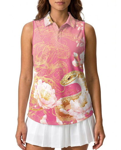 Snake and Peony Print Sleeveless Polo Shirt for Women | Netecom