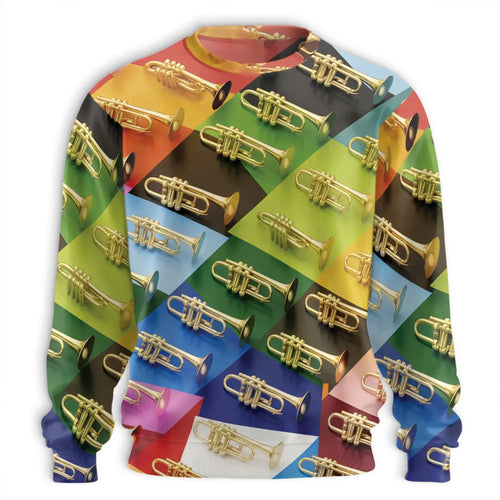 Colorful Geometric Trumpet Sweatshirt, 3D All Over Print Brass Instrument Crewneck Pullover for Men Women, Trumpet Player Gift - Netecom
