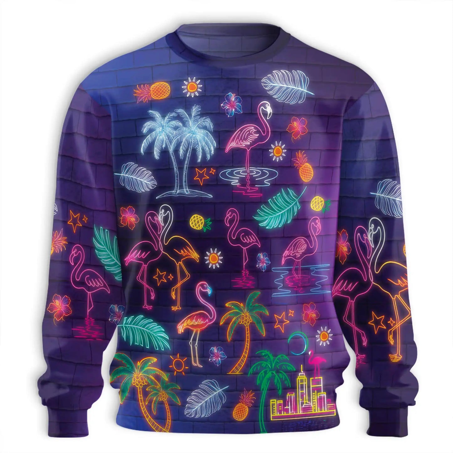 Neon Tropical Flamingo Sweatshirt, 3D All Over Print Colorful Flamingo Crewneck Pullover for Men Women, Tropical Lover Gift - Netecom