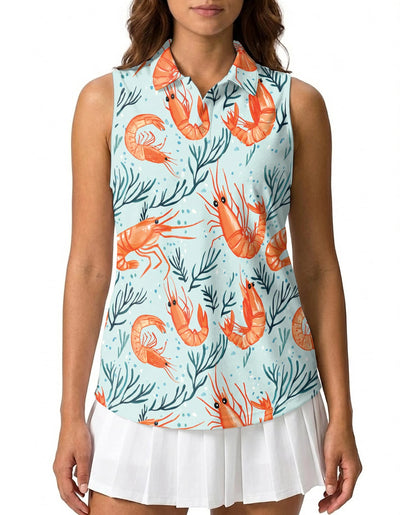 Shrimp Print Sleeveless Polo Shirt for Women | Netecom