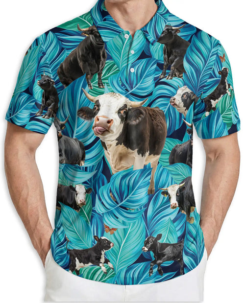 Cow Tropical 3D Polo Shirt for Men – Funny Farm Animal Leaf Style | Netecom