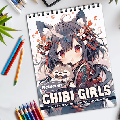 Chibi Girls Spiral Bound Coloring Book, Adorable Chibi Girls in Various Cute Scenes, Ideal for Fans of Anime and Kawaii Artistic Expression