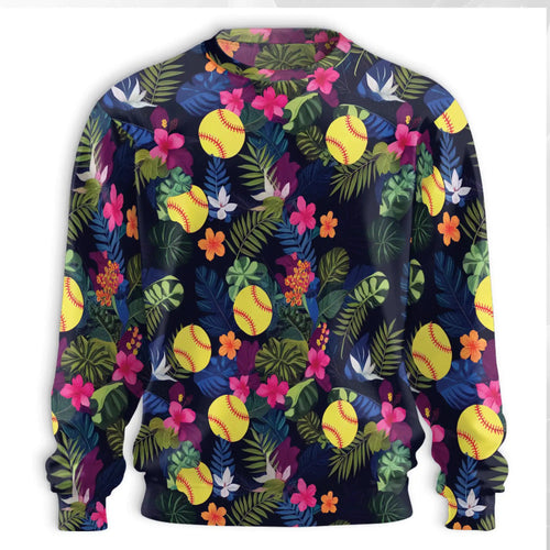 Softball Hibiscus Sweatshirt, 3D All Over Print Floral Softball Crewneck Pullover for Men Women, Softball Lover Gift - Netecom