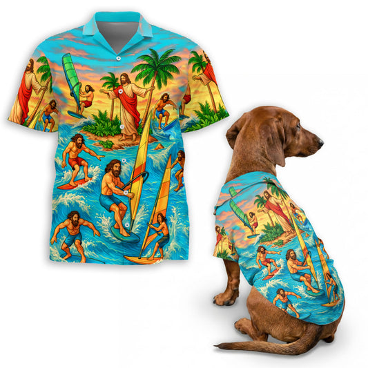 Netecom Matching Funny Jesus Surfing Hawaiian Shirt for Dog and Owner, Aloha Summer Shirt, Surf Wave Print Outfit for Pet and Human, Beach Vacation Casual Wear