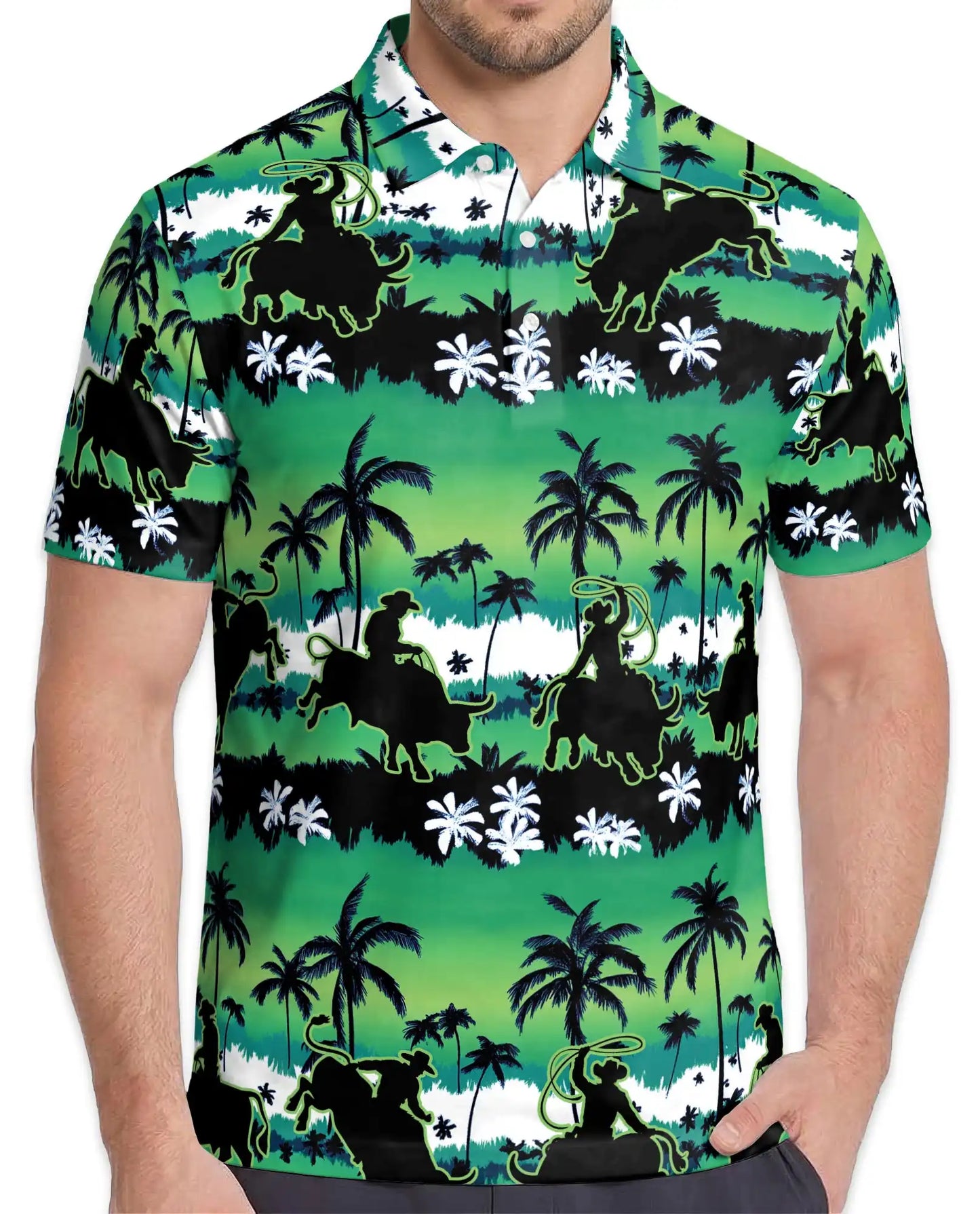 Bull Riding Polo Shirt - Tropical Rodeo Cowboy Western Design | Netecom