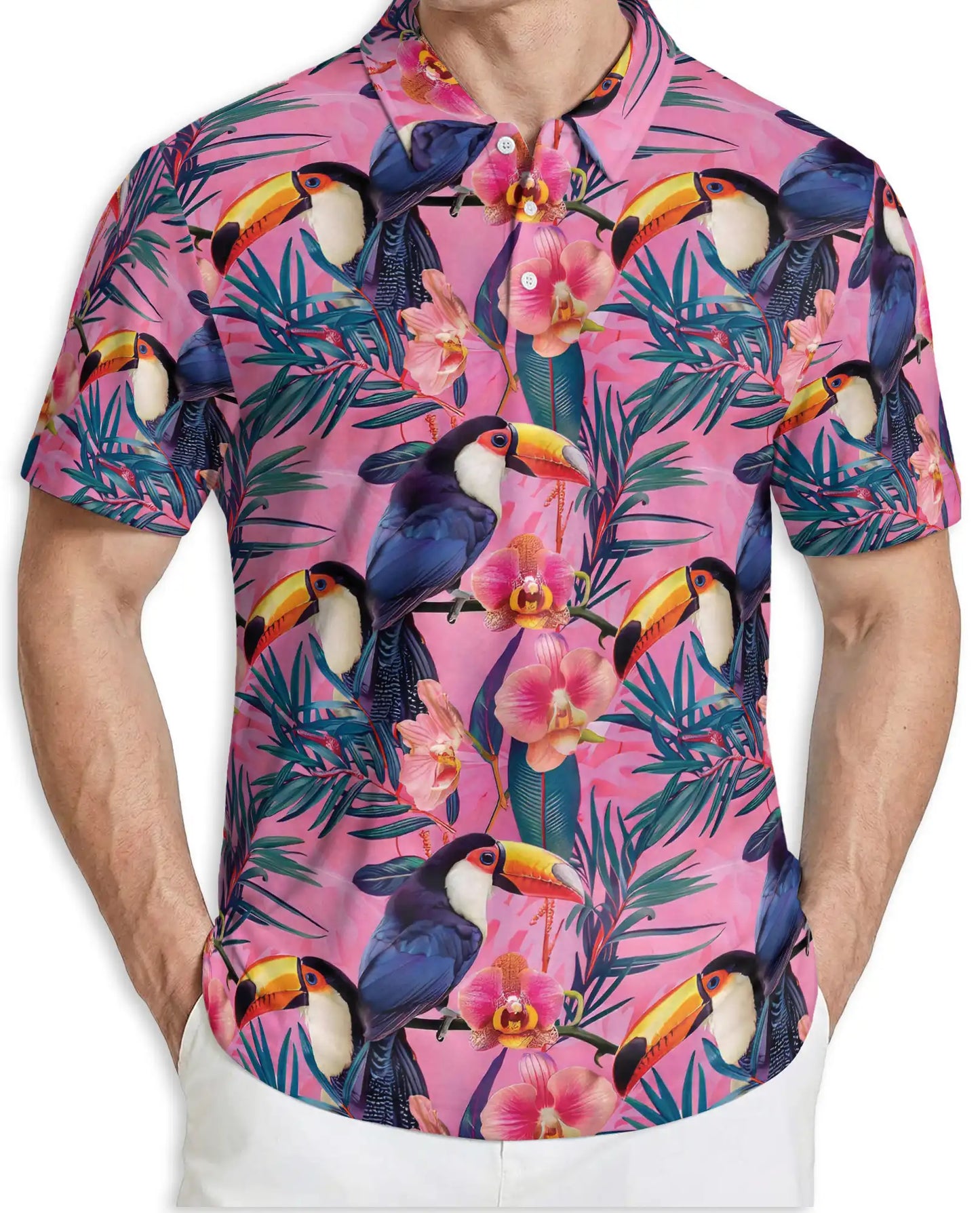 Pink Tropical Toucan Polo Shirt Exotic Bird Floral Print | Netecom