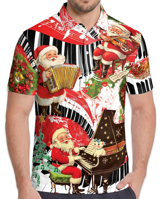 Santa Piano Music 3D Polo Shirt for Men – Christmas Holiday Musician Style | Netecom