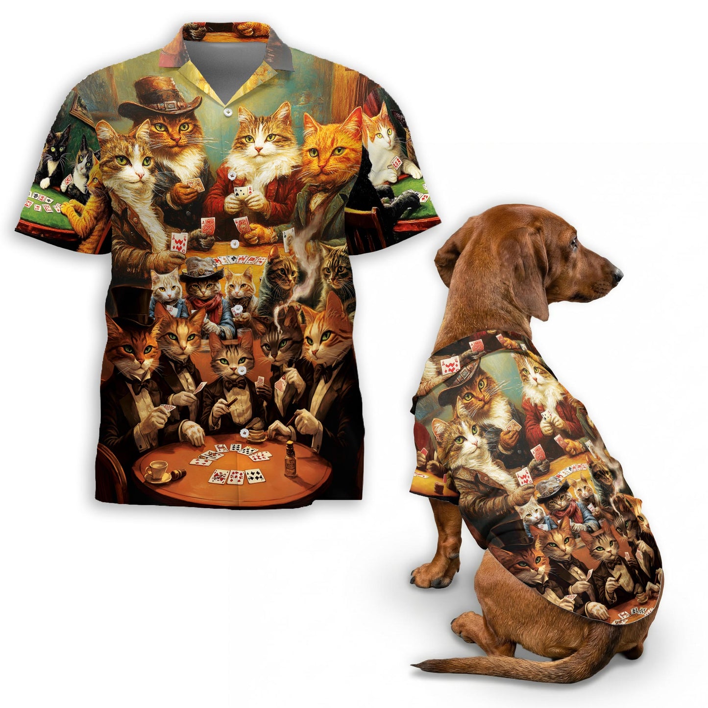 Netecom Matching Cats Playing Poker Aloha Hawaiian Shirt for Dog and Owner, Aloha Summer Shirt, Poker Playing Cat Print Outfit for Pet and Human, Beach Vacation Casual Wear