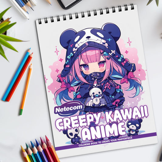 Creepy Kawaii Anime Spiral Bound Coloring Book, Spooky Yet Cute Anime Scenes, Ideal for Fans of Kawaii and Horror Seeking a Unique Art Experience