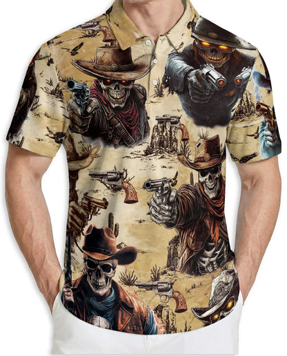 Skeleton Cowboy Gunslinger Polo Shirt Wild West Skull Western Outlaw Design | Netecom