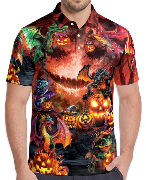 Halloween Dragon Polo Shirt for Men – Spooky Pumpkin Fire Style | Netecom