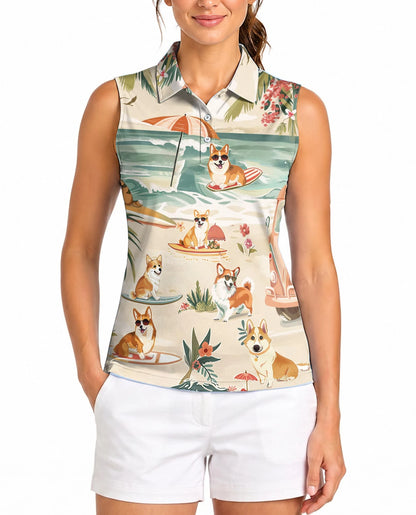 Corgi Summer Beach Sleeveless Polo Shirt for Women | Netecom