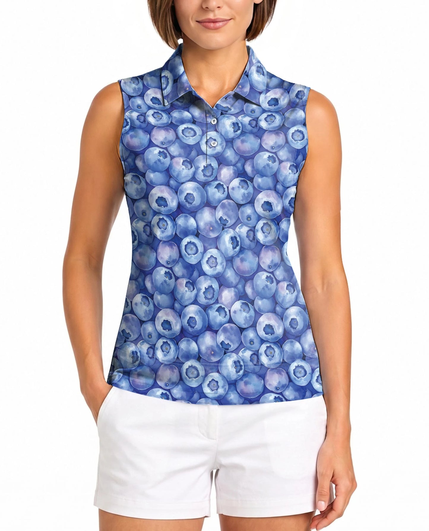 Blueberry Pattern Sleeveless Polo Shirt for Women – Fresh Fruit Summer Style | Netecom