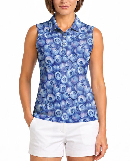 Blueberry Pattern Sleeveless Polo Shirt for Women – Fresh Fruit Summer Style | Netecom