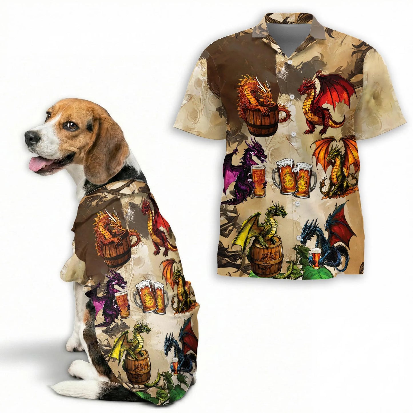 Dragon Drinks Beer Fantasy Hawaii Dog and Owner Matching Button Shirts