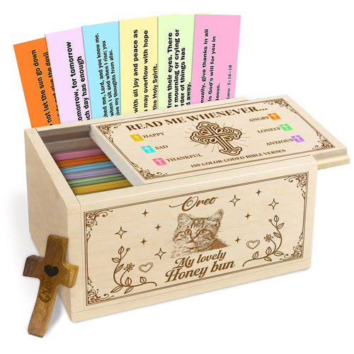 Netecom Personalized Cat Memorial Bible Verse Box with 150 Color-Coded Scriptures, Custom Name & Years on Box, Custom Name on Wooden Cross – Christian Keepsake for Pet Loss, Reflection & Prayer