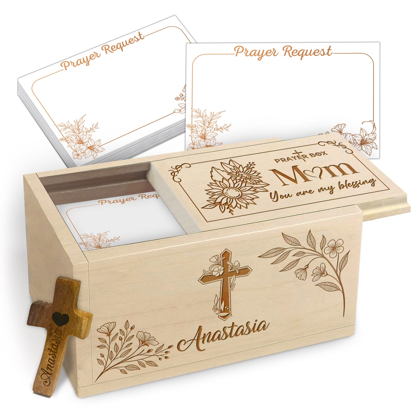 Netecom Personalized Mom Prayer Box with Custom Name on Box & Cross, Wooden Christian Prayer Box with 100 Prayer Request Cards, Faith Gift for Mother