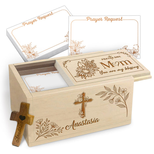 Netecom Personalized Mom Prayer Box with Custom Name on Box & Cross, Wooden Christian Prayer Box with 100 Prayer Request Cards, Faith Gift for Mother