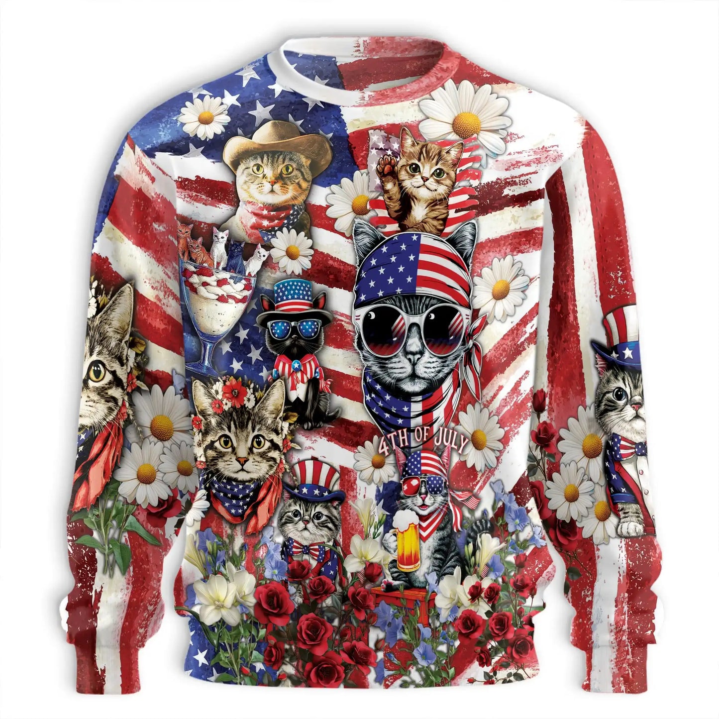 Independence Day Cute Kittens Sweatshirt, 3D All Over Print Patriotic Cat Crewneck Pullover for Men Women, 4th of July Gift - Netecom