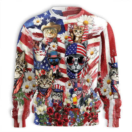 Independence Day Cute Kittens Sweatshirt, 3D All Over Print Patriotic Cat Crewneck Pullover for Men Women, 4th of July Gift - Netecom